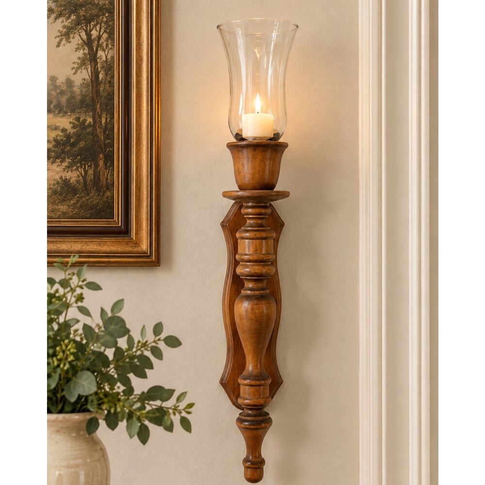 Vintage Wood Wall Sconce Candle Holder Turned Wood Glass Hurricane 19 Inch Decor